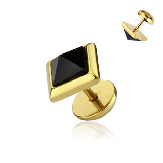 A Pair Of Onyx Pyramid Square Fake Plug Surgical Steel Gold